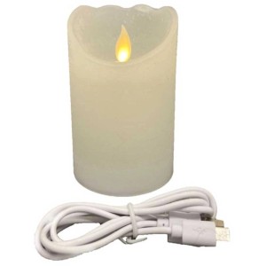 Bougie LED rechargeable en cire blanche avec câble USB, Ø 7,5 cm, hauteur 12,5 cm.
