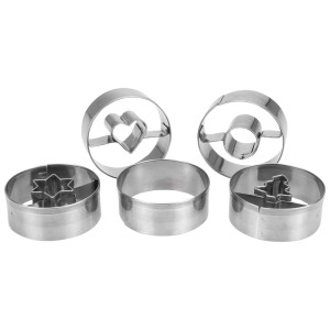 Ausstechformen Set Spitzbuben, 5-teilig, Edelstahl, Motive: Ring, Herz, Stern, Tanne. Küchenhelfer zum Backen.