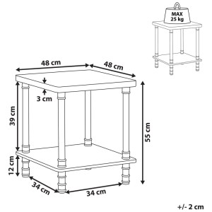 Tavolino Beliani Veril, truciolato marrone, 55x48x48 cm, con due ripiani. Disegno tecnico.
