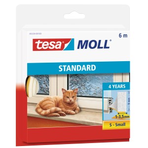 Emballage du joint en mousse Tesamoll profilé en I, blanc, avec chat à la fenêtre.