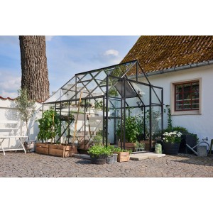Serra Halls Qube+ 88 nera (6,6 m²) con piante in giardino.