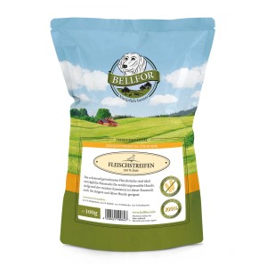 Bellfor snack per cani, strisce di carne d'anatra, confezione da 100g. Snack per cani senza cereali a base di anatra al 100%.