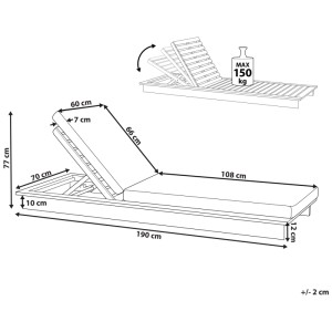 Schizzo del lettino prendisole marrone Beliani Granari in legno di acacia con dimensioni.