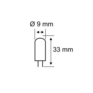 Disegno tecnico lampadina Paulmann G4 20W: 9 mm di diametro, 33 mm di altezza.
