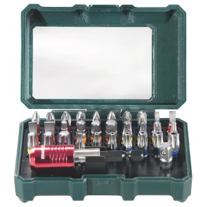 Metabo Bit-Box SP, 32 pièces, avec embouts, porte-embouts et adaptateur dans une boîte verte.