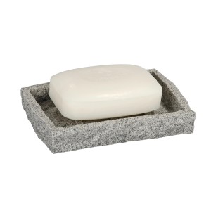 Portasapone Wenko Granit con sapone, forma quadrata, effetto pietra grigia.