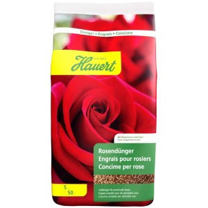 Emballage Hauert Engrais rosiers 5kg avec rose rouge. Engrais spécial pour roses magnifiques.