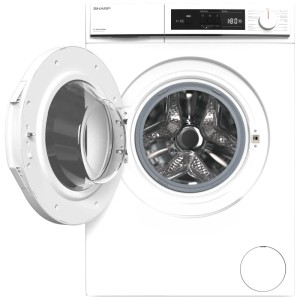 Lavatrice Sharp ES-NFA814WWNA-CH bianca con oblò aperto e cestello in acciaio inox.