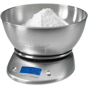 Bilancia da cucina KW 1040 in acciaio inox con display digitale e ciotola da 2 litri.
