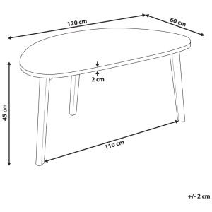 Croquis de la table basse Beliani Fly blanche, 120x60x45 cm. Montre le plateau MDF incurvé et les pieds en pin.