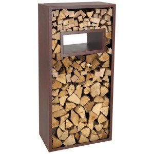 Range-bûches Nouvel en métal couleur rouille rempli de bois de chauffage.