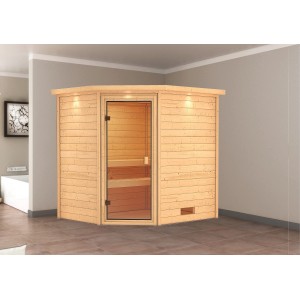 Sauna in legno massello Karibu Elea con baldacchino LED e porta in vetro bronzato.