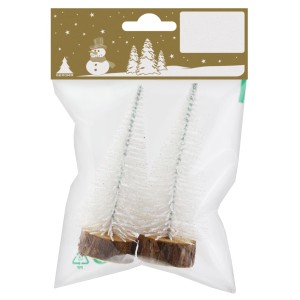 Deux sapins de Noël décoratifs blancs en plastique (10 cm) avec socle en bois dans l'emballage, décoration de Noël.