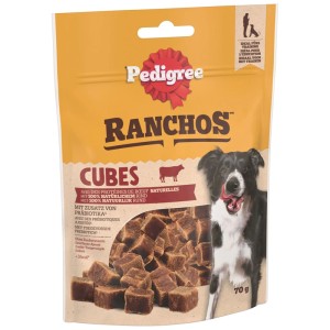 Pedigree Ranchos Cubes snack per cani manzo, busta 70g. Ideale per addestramento. Con prebiotici. Mostra cane felice.