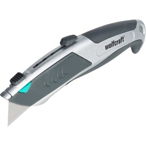 Coltello professionale Wolfcraft Autoload con lama trapezoidale, corpo grigio-argento.