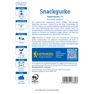 Kiepenkerl Salamanda F1 graines de concombre, concombre snack pour pleine terre et serre.