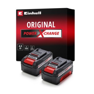 Einhell Power X-Change batterie Twinpack 2x 18V 4Ah, deux batteries avec des accents rouges devant l'emballage du produit.