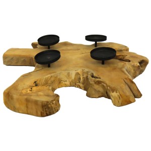 Bougeoir en teck naturel avec 4 supports de bougies noirs, hauteur 9 cm.