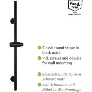 Wenko Barre de douche Basic noire, acier inoxydable avec support de douche réglable.