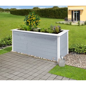 Aiuola rialzata in legno Weka Herba grigio-bianca (81x205x80cm) con piante in giardino.