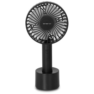 Ventilateur noir Emerio 2-en-1 à main et de table, hauteur 21 cm, avec base.