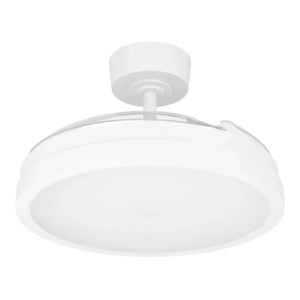 Ventilatore da soffitto Eglo LED Malpica bianco con pale retratte, sembra una plafoniera rotonda.