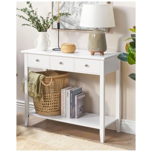Console blanche Beliani Galva avec trois tiroirs et étagère. Design scandinave.