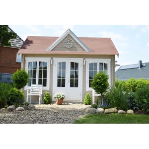 Abri de jardin Alpholz CLOCKHOUSE-28 avec toit à deux pentes, non traité, dans le jardin.