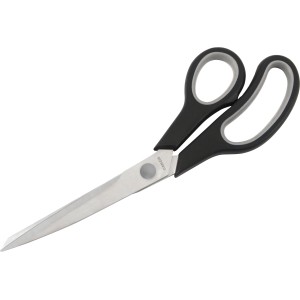 Forbici da tappezziere con manico nero e lame lunghe argentate.