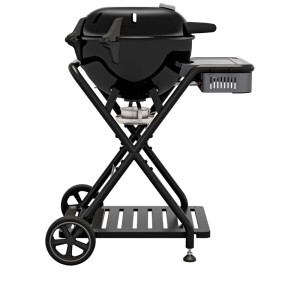 Barbecue à gaz noir Outdoorchef Ambri 480 G EVO Plus avec étagère et roues.
