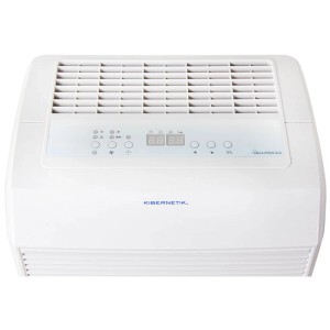 Déshumidificateur Kibernetik M50 blanc, vue de dessus. Panneau de commande avec affichage numérique et boutons, grille supérieure. Pour déshumidification efficace.