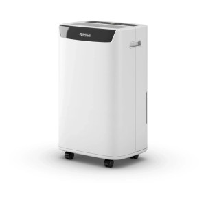 Weißer Olimpia Splendid Luftentfeuchter Aquaria S1 12 P mit Rollen und 2-Liter-Tank.