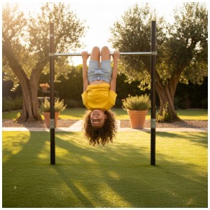 Bambina si esercita alla sbarra ginnastica Exit Toys Ivy, acciaio/inox, verde-nero, in giardino.