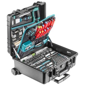 Servante d'atelier Technocraft PP-Werkzeugkoffer Pro Trolley Premium IP65, ouverte avec assortiment d'outils.
