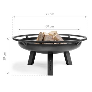 Schwarze CookKing Feuerschale Porto aus Stahl, Ø 60 cm, mit Holz befüllt.