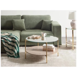 Table basse Beliani Lovell avec plateau en verre et cadre doré. Forme ronde avec étagère.
