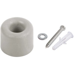 Fermaporta grigio chiaro in plastica con vite e tassello per montaggio a parete.