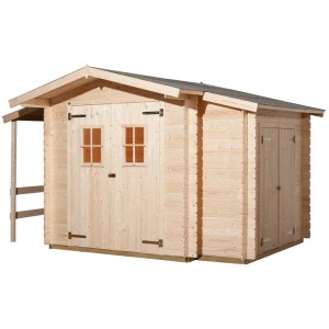 Casetta da giardino in legno Weka Bologna Plus non trattata con tetto a due falde e tettoia.