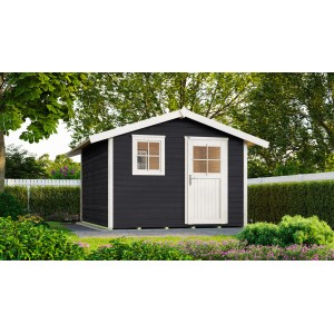 Abri de jardin anthracite 123 avec toit à deux pentes, épaisseur de paroi 28 mm et porte/fenêtre blanche. Abri de jardin en bois.