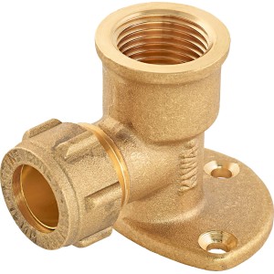 Raccordo a gomito a compressione in ottone, 15 mm x 18,6 mm (Rp 1/2), per installazione tubi a parete o soffitto.