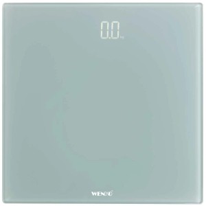 Wenko LED-Personenwaage in Grau mit digitaler Anzeige auf Glasoberfläche.