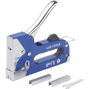 Cucitrice manuale LUX Classic, blu, con punti metallici e utensile. Adatta per pannelli, isolanti e cavi.