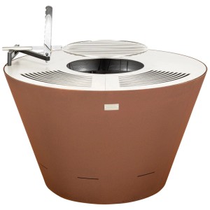 Brasero grill Nouvel Cono en acier rouillé, avec surface de cuisson et accessoires.