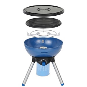 Blauer Party Grill 200 Gaskocher mit Grillplatte, Deckel und Topfständer. Kompakter Gasgrill für unterwegs.