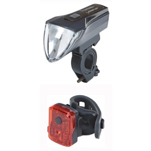 Kit d'éclairage vélo LED rechargeable Prophete : lumière avant 70 Lux et lumière arrière.