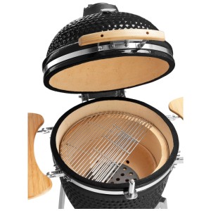Ensemble de barbecue en céramique Buschbeck Kamado XL, ouvert avec grille. Barbecue au charbon de bois avec accessoires.