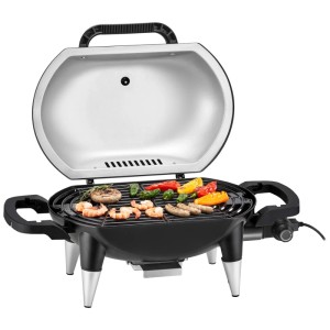Grill électrique Trisa Grill Force 2200 avec aliments, idéal pour balcon et terrasse.