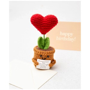 Portafortuna Positive Plant all'uncinetto, 14,5 cm, con cuore rosso nel vaso con volto, tiene cartello. Regalo ideale.