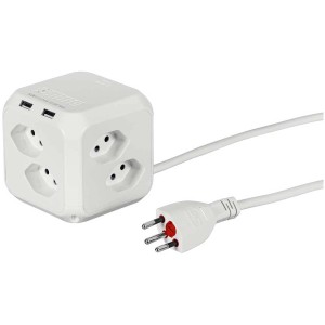 Ciabatta a cubo Steffen, bianca, con 8 prese T13 e 2 porte USB, cavo da 1,5 m.