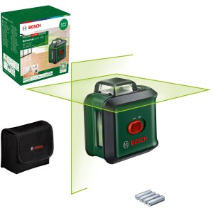 Livella laser a linee incrociate Bosch UniversalLevel 360 con linea a 360°, incl. accessori come borsa e batterie.
